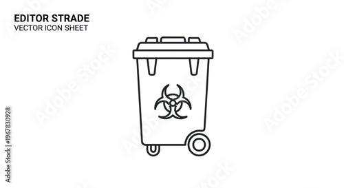 Biohazard Waste Bin Icon: Medical Trash Container, Danger Symbol, Clean Line Art Vector