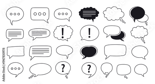 Collection of various speech and thought bubbles in different shapes and styles including question and exclamation marks.