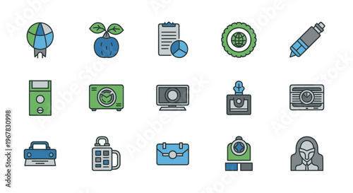 Business & Technology Icons: Finance, Growth, Communication, Security, Office Objects