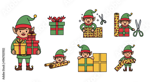 Christmas Elves Wrapping Gifts, Festive Characters Preparing Presents, Holiday Season Celebration