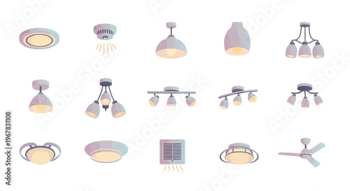 Collection of 15 modern ceiling lights and fan, home interior lighting set