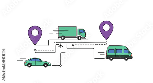 Concept of logistics and delivery showing various vehicles traveling between purple map location pins on a network.