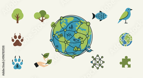 Global Ecology Concept: Connected Earth, Nature, Wildlife, Sustainability Icons