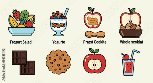 Healthy Food and Sweets Assortment: Fruit Salad, Yogurt, Apples, Cookies, Chocolate
