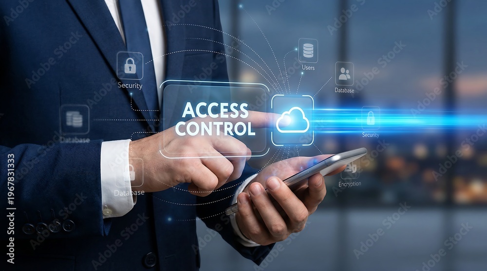 Obraz premium Businessman utilizing smartphone for advanced access control and secure cloud computing network operations.