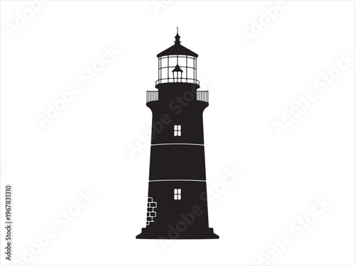 A stark black lighthouse tower beaming light across the dark sea silhouette vector isolated on white background
