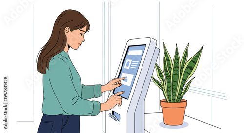 Woman using an interactive touchscreen kiosk in a bright office environment with a green potted plant nearby.