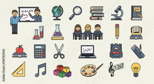 Education Icons Set: Teacher, Books, Science, Math, Art, Music, School Supplies