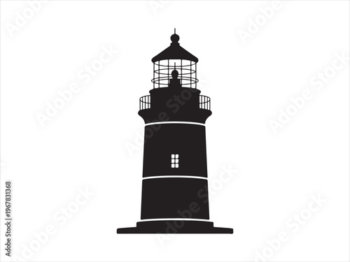 A stark black lighthouse tower beaming light across the dark sea silhouette vector isolated on white background
