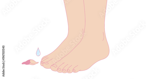 Close-up of human feet with a drop of water and a pink petal on white background.
