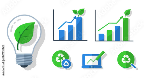 Eco-friendly business growth concept: lightbulb with leaf, charts, recycling symbols, laptop