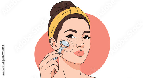 Beautiful woman with a yellow headband using a jade roller on her cheek to perform a facial massage for skincare.