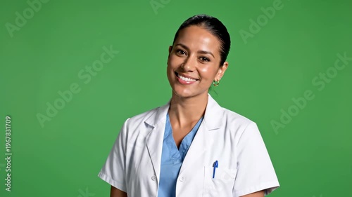Smiling female healthcare professional in uniform against green background