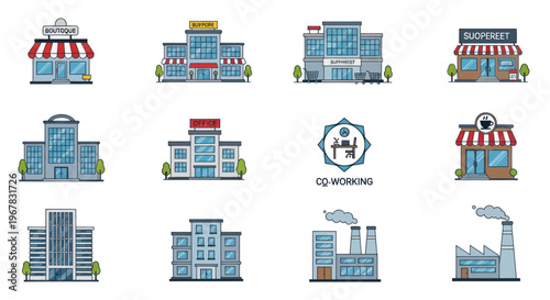 Pixel Art Buildings Collection: Shops, Offices, Factories, Co-working Space