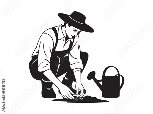 A man planting seedling in soil person vector silhouette, Silhouette of gardener planting seeds agriculture farming vector illustration