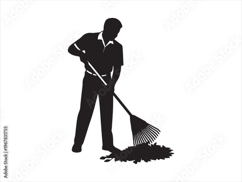 Silhouette of a farmer raking leaves in a field vector isolated on white background