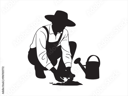 A man planting seedling in soil person vector silhouette, Silhouette of gardener planting seeds agriculture farming vector illustration