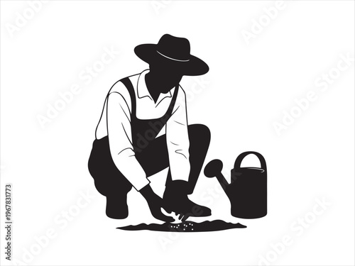 A man planting seedling in soil person vector silhouette, Silhouette of gardener planting seeds agriculture farming vector illustration