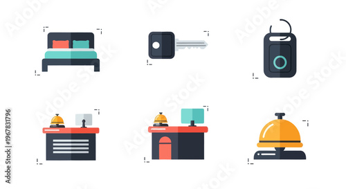 Hotel Icons: Bed, Key, Reception Desk, Bell - Flat Design