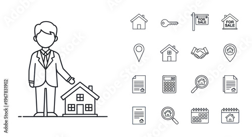 Real Estate Agent with House Icons and Symbols for Property Business
