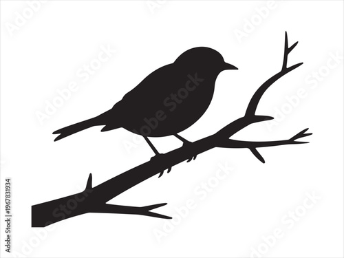 Black silhouette of a bird on a branch flat vector, Silhouette of bird perched on tree branch, minimal wildlife vector illustration