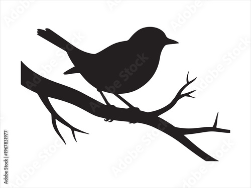 Black silhouette of a bird on a branch flat vector, Silhouette of bird perched on tree branch, minimal wildlife vector illustration