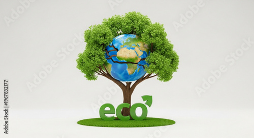 Earth globe on tree with eco logo green leaves and grass environmental concept illustration