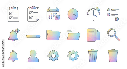 Modern Pastel Icons Set: Checklist, Calendar, Clock, Bell, Folder, Search, Gear, Trash