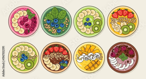 Healthy Smoothie Bowls Variety Top View - Fresh Fruits, Berries, Granola, Seeds