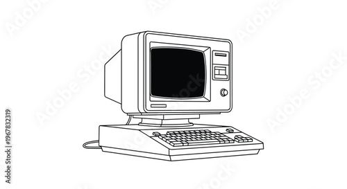 Retro personal computer from the eighties with a classic monitor and keyboard in a simple line art style isolated on white background.