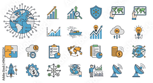Global Business & Technology Icons: Finance, Data, Growth, Innovation, Shipping, Security