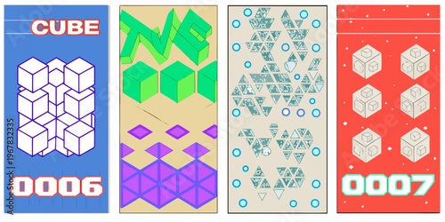 Four colorful panels display abstract geometric designs and numeric text