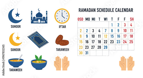 Ramadan Calendar Schedule Icons: Suhoor, Iftar, Tarawih, Mosque, Moon, Prayer Mat