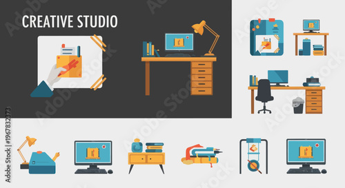 Creative Studio Flat Design Icons: Desk, Computer, Crafts, and Workspace Elements