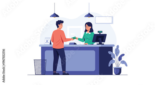 Young male customer paying cash to a female cashier at a retail store checkout counter in a clean flat illustration style.