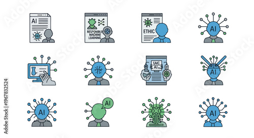 AI Ethics and Responsible Technology Icons Set - Artificial Intelligence Concepts