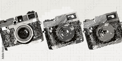 Three vintage cameras illustrated in a sketched black and white style