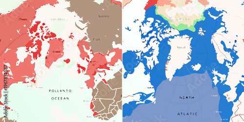 Comparative map of arctic regions landmasses and bodies of water