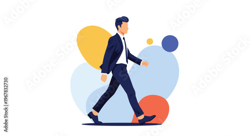 Confident businessman in a formal dark suit walking briskly against an abstract colorful geometric background with circular shapes.