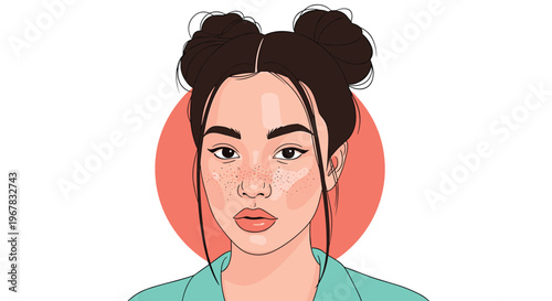 Portrait of a beautiful young girl with freckles and her dark hair tied in two buns on a solid coral circle background.