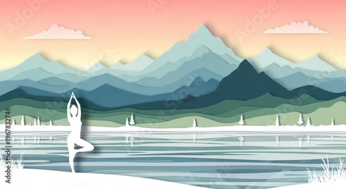 Serene yoga practice by tranquil lake with majestic mountains at sunset peaceful atmosphere for meditation and relaxation