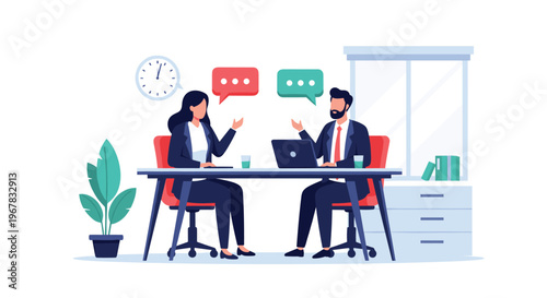 Business man and woman having a professional discussion or job interview at a modern desk in a well organized office space.