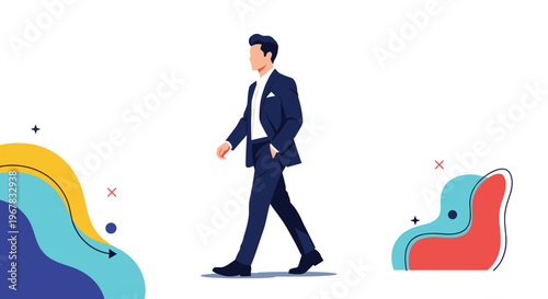 Professional businessman in a blue suit walking confidently across a minimalist abstract background with colorful flowing shapes.