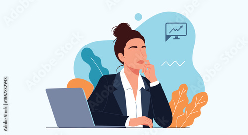 Pensive businesswoman sitting at her office desk with a laptop thinking about success and future financial growth and strategy.