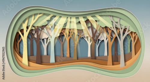 Layered forest landscape with multicolored trees and wavy green border abstract natural scenery