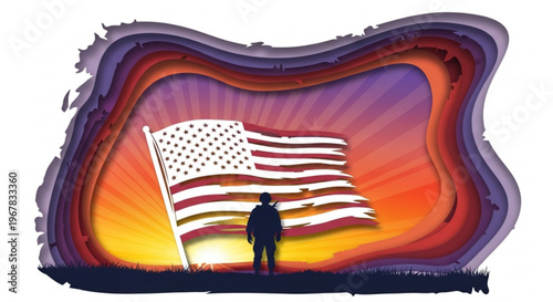 Patriotic american soldier standing with usa flag at sunset symbolizing freedom and bravery in a stylized illustration