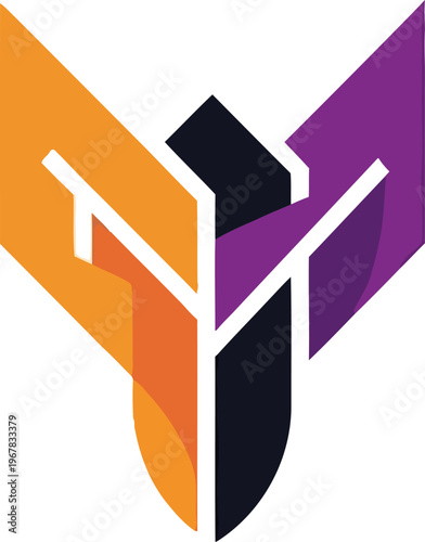 Abstract Geometric Design with Interlocking Shapes in Orange, Purple, and Black.