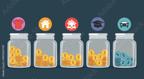 Row of five glass jars filled with gold coins and labeled for different saving goals like house school car and clothes.