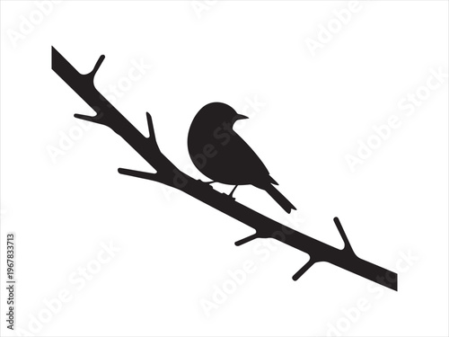 A black bird perched on a branch vector, Bird on Branch Silhouette, Small Songbird Perched on Tree Branch Nature Icon Isolated on White Background