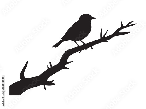 A black bird perched on a branch vector, Bird on Branch Silhouette, Small Songbird Perched on Tree Branch Nature Icon Isolated on White Background